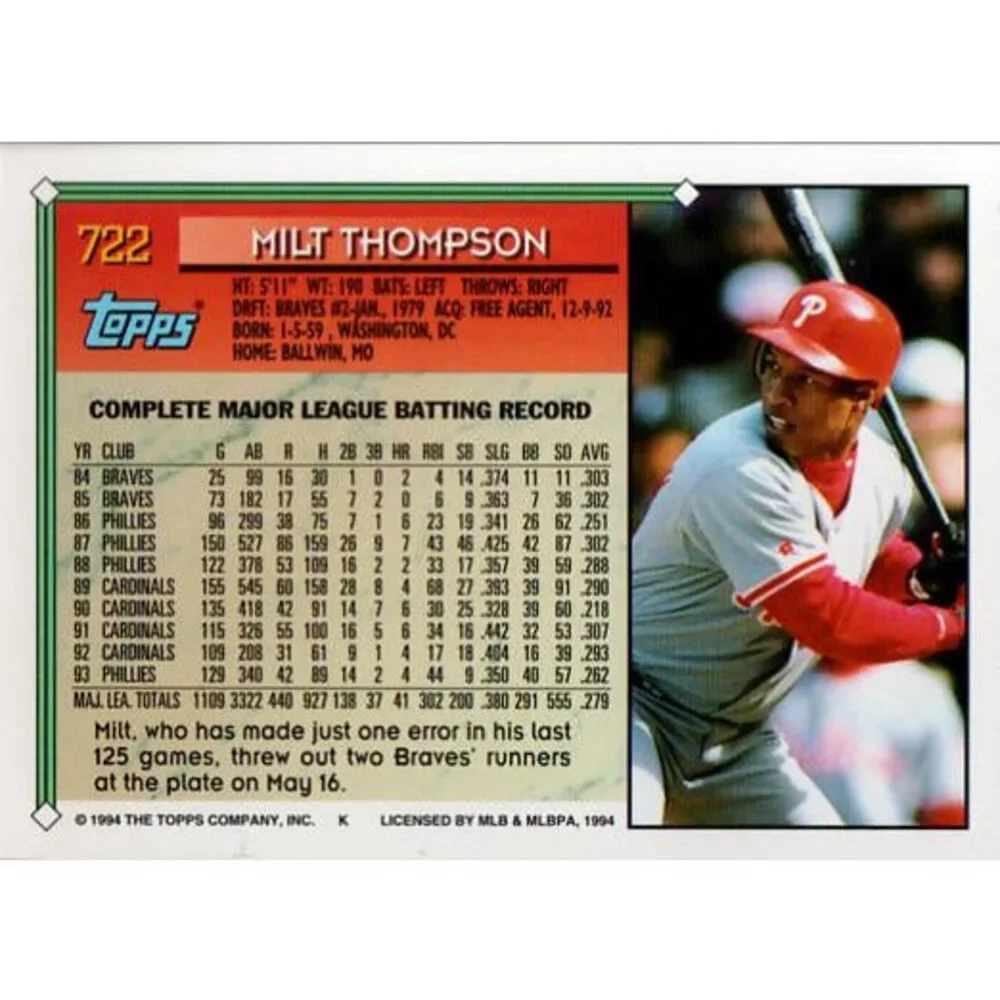 1994 Topps Milt Thompson # 722 Philadelphia Phillies